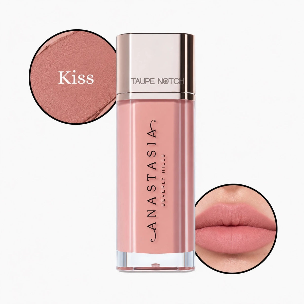 Velvet lip lipstick in Kiss shade, mauve nude finish with lip swatch