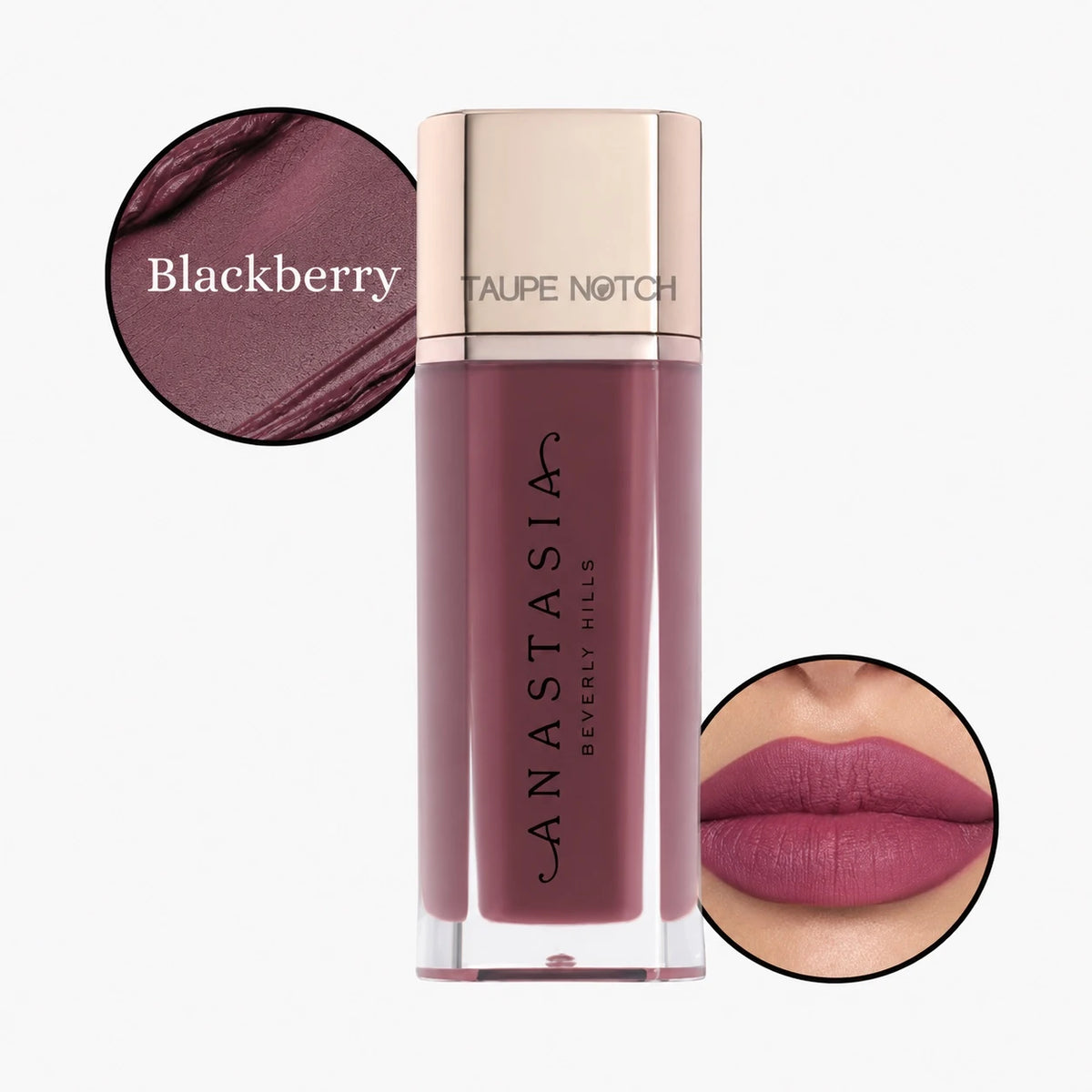 Velvet lip lipstick in Blackberry shade, deep berry finish with lip swatch