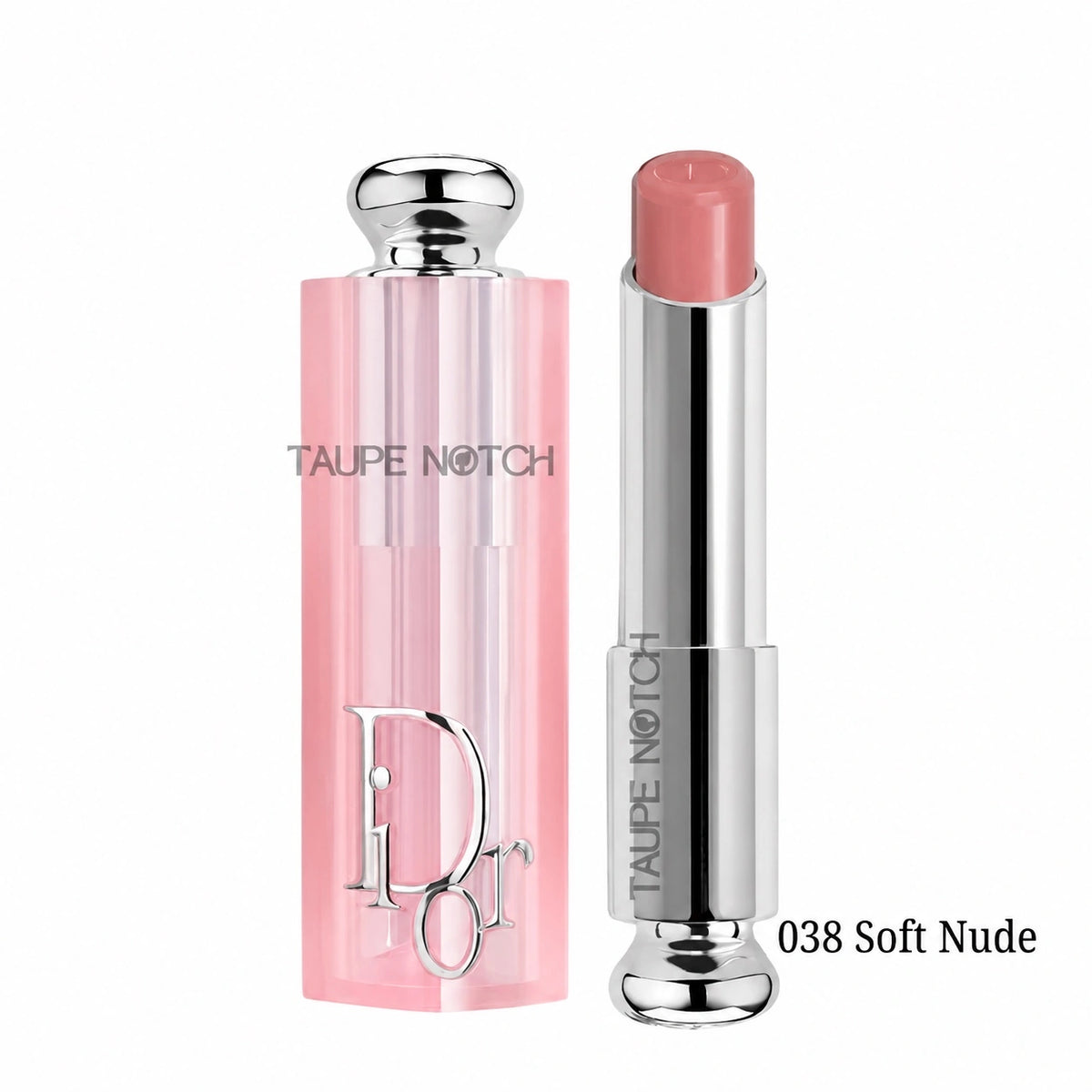 Dior Addict Lip Glow Balm lip balm in 038 Soft Nude, pink balm tube and silver cap