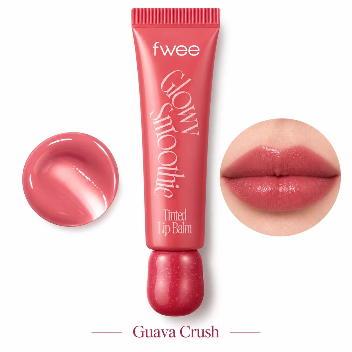 A squeeze tube of fwee Glow Smoothie Tinted Lip Balm in shade Guava Crush, shown on a white background with a circular lip swatch on the left and a circular close-up of lips wearing the tint on the right.