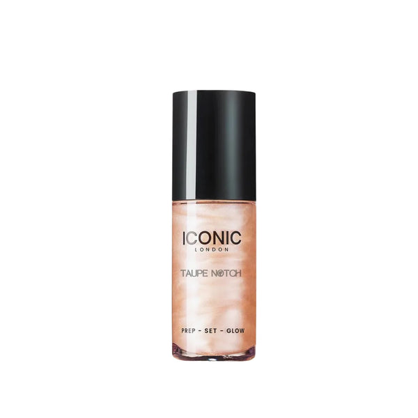 Glow setting spray bottle, shimmery taupe shade with black cap