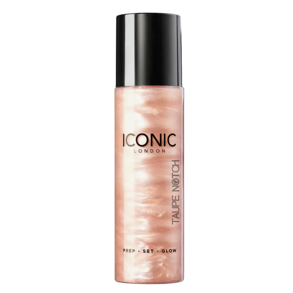 Glow setting spray bottle in shimmery taupe-pink, black cap