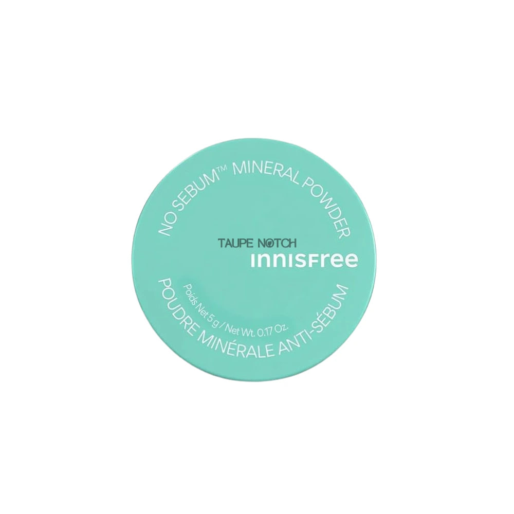 Innisfree No Sebum Matte Mineral Powder compact with mint-green lid, label side