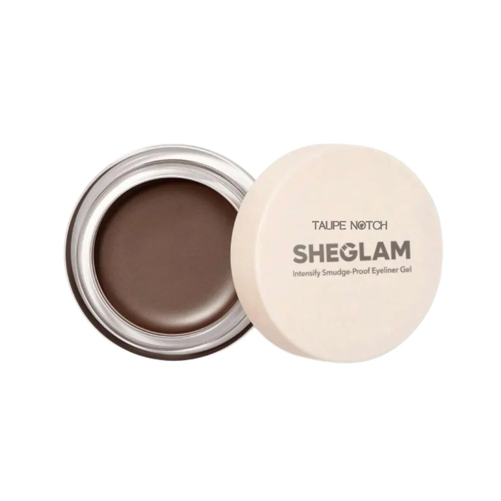 Eyeliner gel pot with open lid, taupe-brown gel