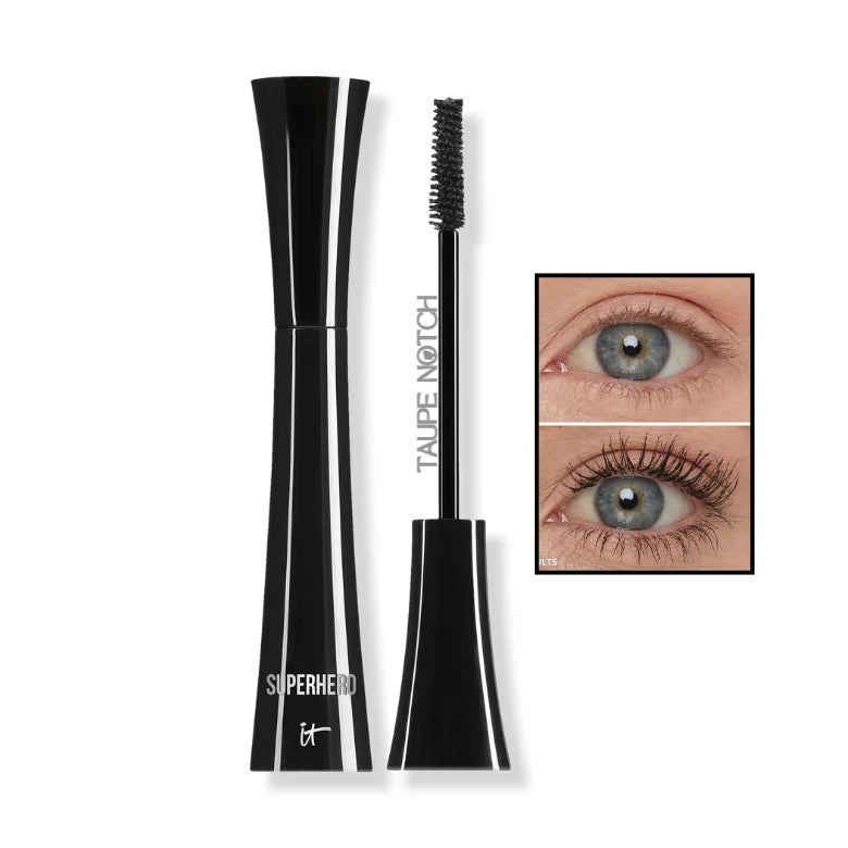 IT Cosmetics Superhero Mascara black tube open with wand showing before and after lash volumizing results on blue eyes