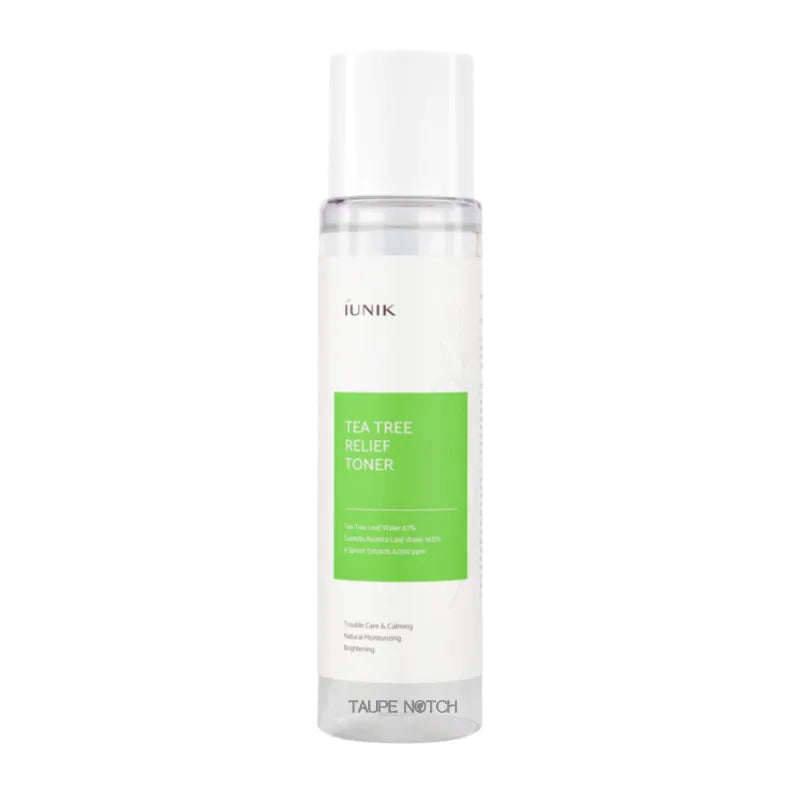 IUNIK tea tree relief toner bottle with green label, clear cap, 200 ml