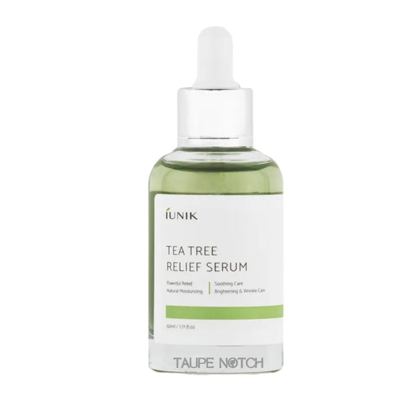 IUNIK tea tree relief serum bottle with white dropper, 50 ml