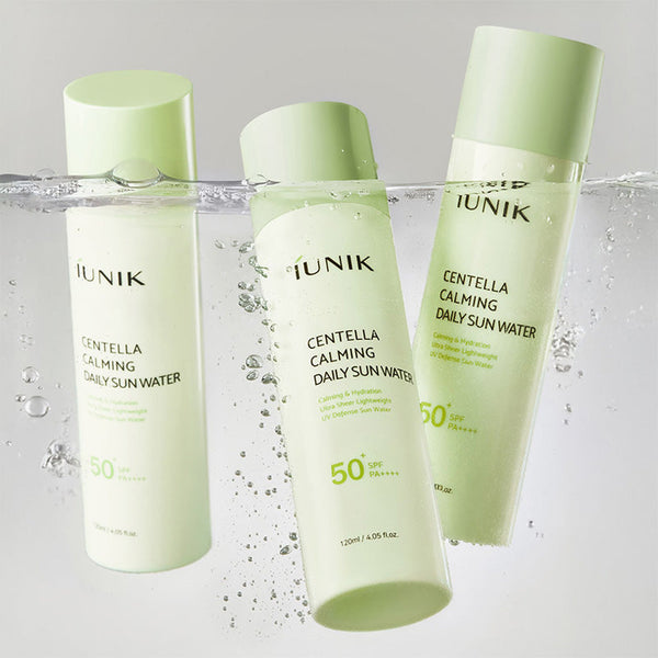IUNIK Centella Calming Daily Sun Water sunscreen bottles, light green, SPF 50