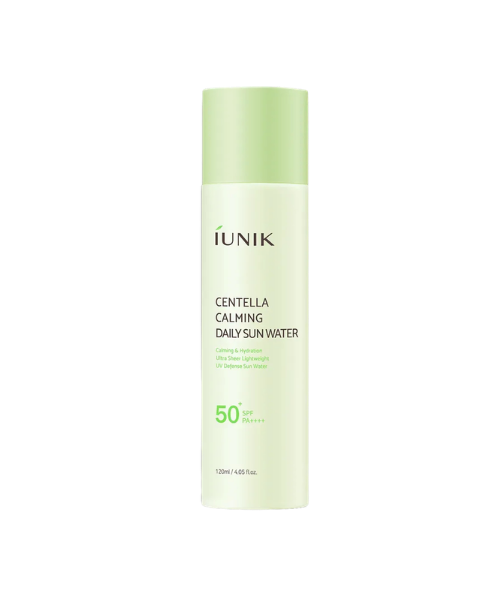 IUNIK Centella Calming Daily Sun Water sunscreen bottle, light green SPF 50, 120 ml