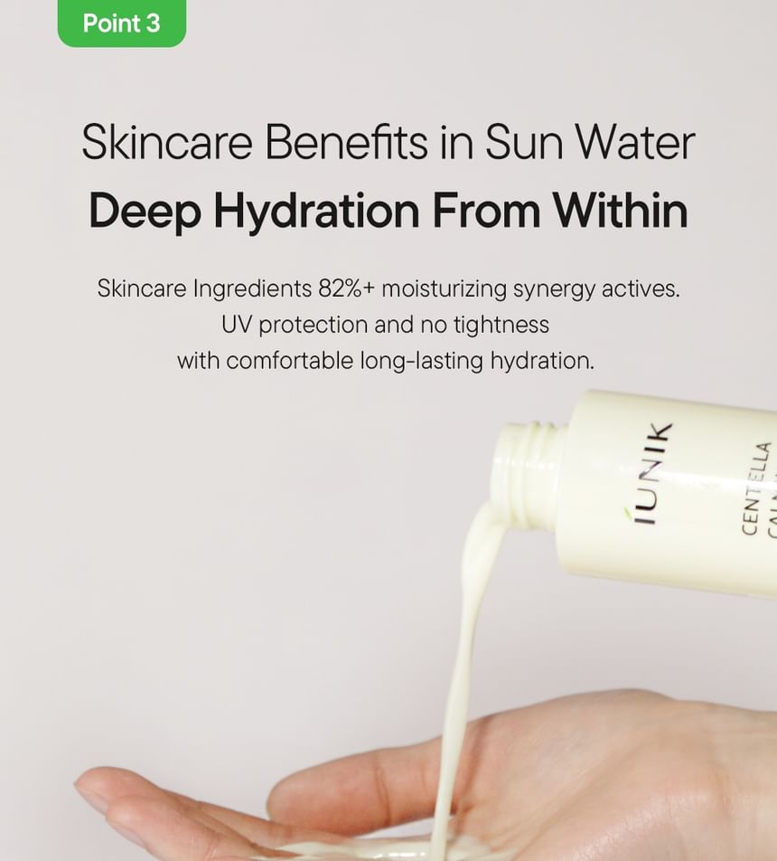 Iunik skincare product being poured onto a hand with text about skincare benefits in sun water.