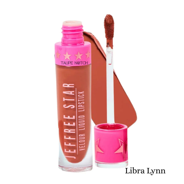 Velour liquid lipstick set in Libra Lynn: warm brown with pink top and doe-foot applicator.