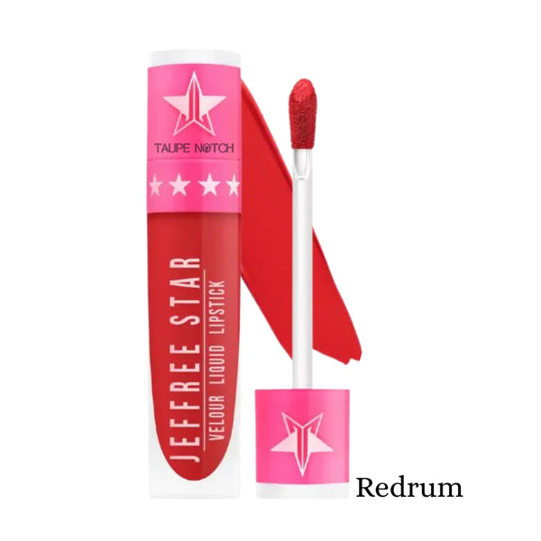 Velour liquid lipstick set in Redrum: rich red with doe-foot applicator.