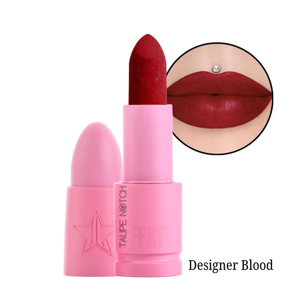 Velvet Trap lipstick, Designer Blood shade with lip swatch