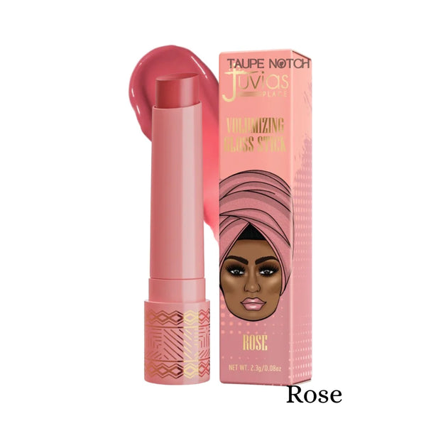 Volumizing gloss stick in Rose shade, with matching product box.