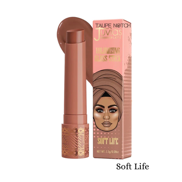 Volumizing gloss stick in Soft Life shade, with matching product box.