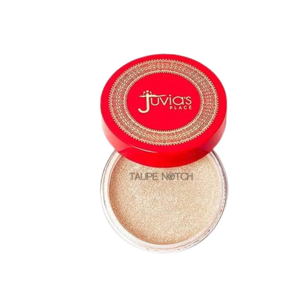 Loose highlighter compact with red lid and beige taupe shimmer powder