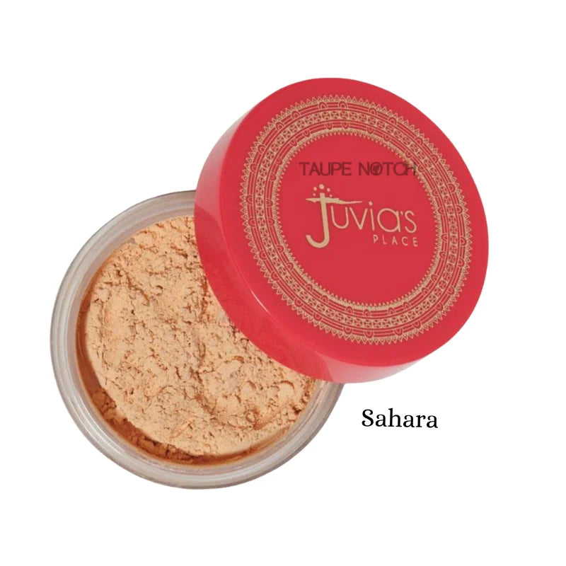 Loose setting powder in Sahara shade, warm tan powder inside round red-lidded jar