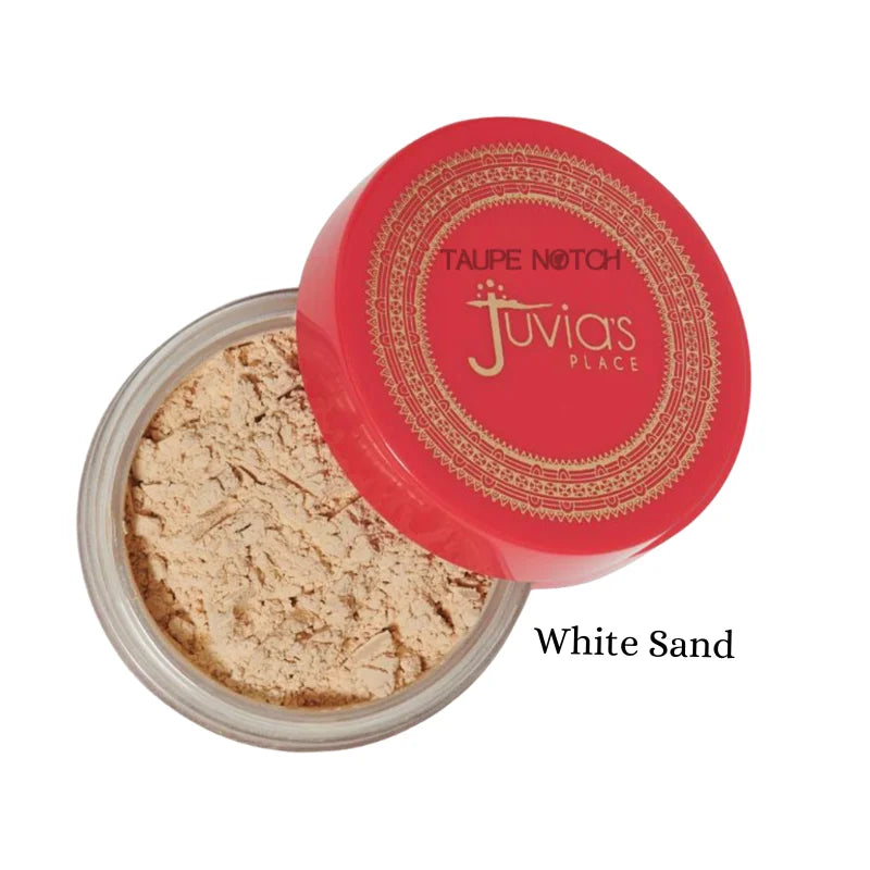 Loose setting powder in White Sand shade, beige powder inside round red-lidded jar