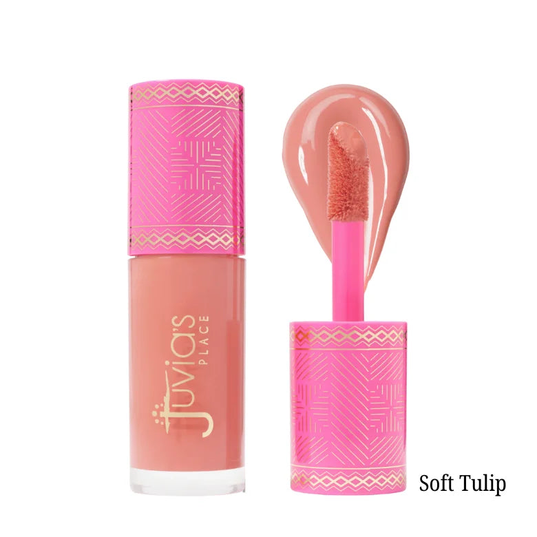 Liquid blush in Soft Tulip shade, light coral-pink liquid with pink applicator tip