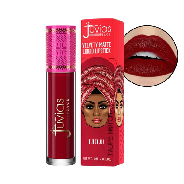 Velvety matte liquid lipstick in Lulu, red matte tube with lip swatch close-up