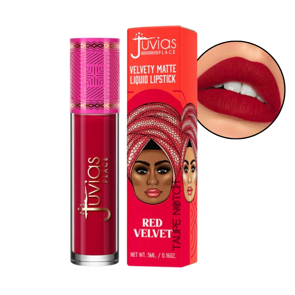 Velvety matte liquid lipstick in Red Velvet, classic red tube with lip swatch