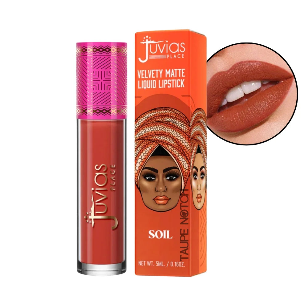 Velvety matte liquid lipstick in Soil, terracotta tube with lip swatch close-up