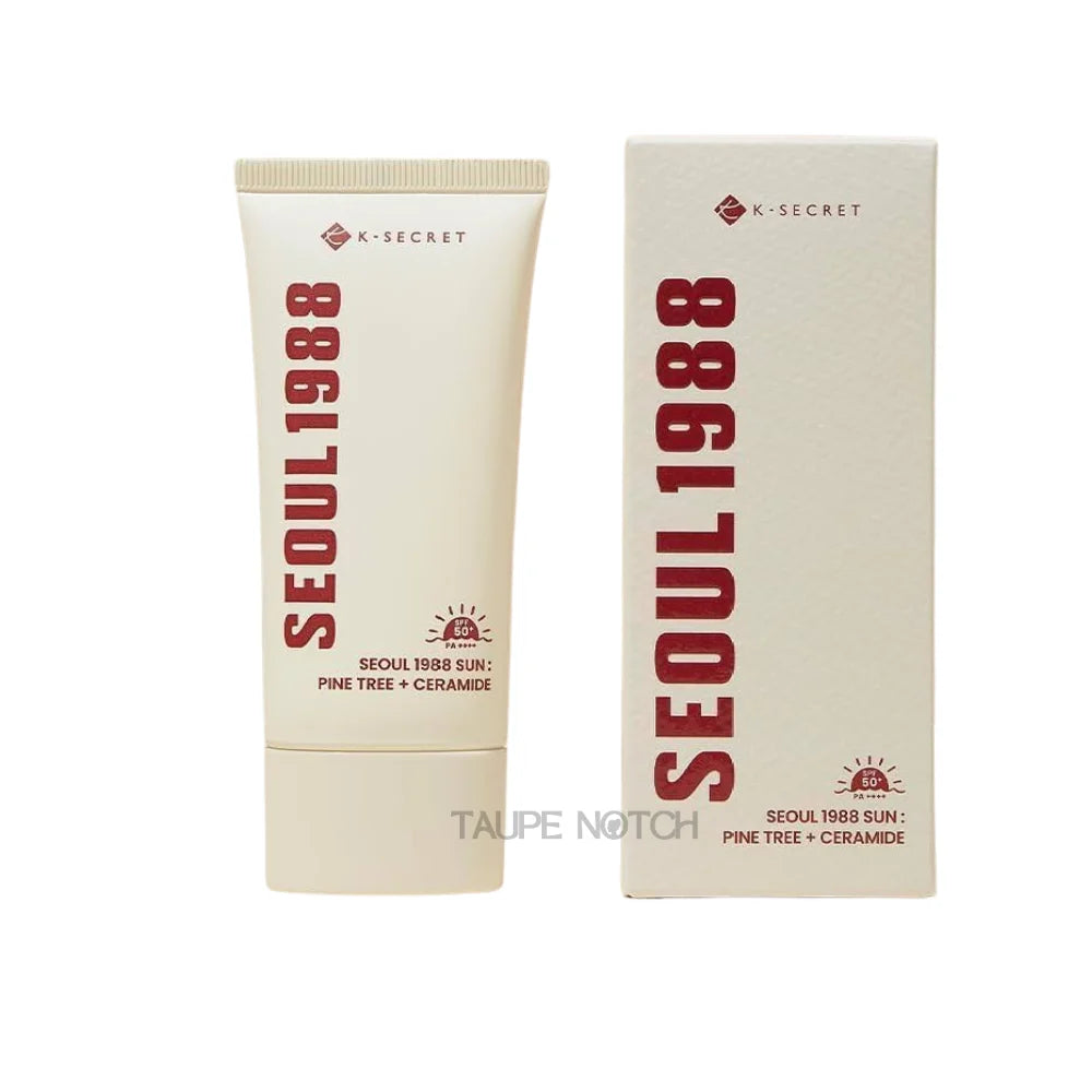 Sunscreen cream tube and cardboard box, beige with red lettering and pine tree label