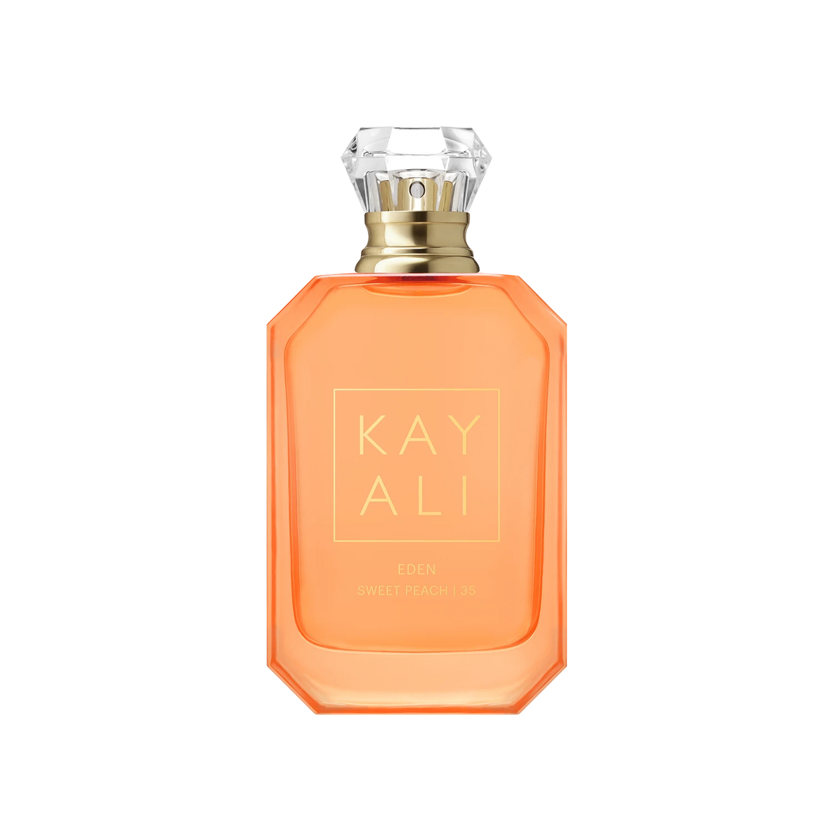 KAY ALI Eden Sweet Peach 5% fragrance bottle in a vibrant orange color, featuring a faceted clear crystal cap and gold lettering on a white background.