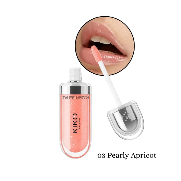 KIKO Milano 3D Hydra lip gloss, pearly apricot peach shimmer with doe-foot applicator