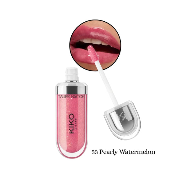 KIKO Milano 3D Hydra lip gloss, pearly watermelon bright pink shimmer with doe-foot applicator
