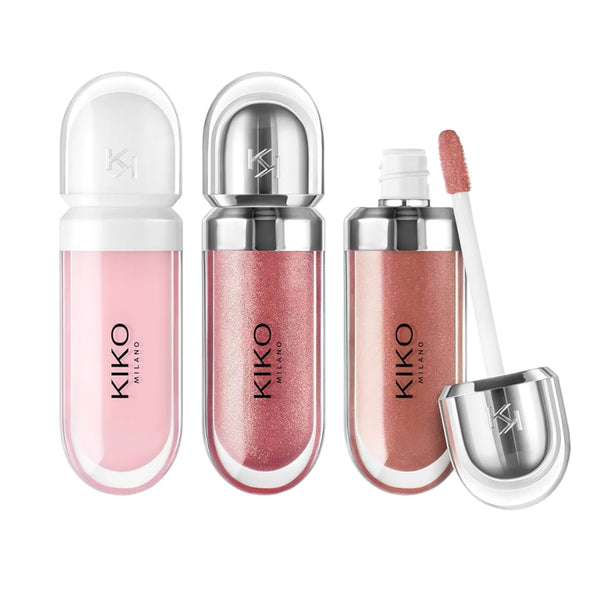 KIKO Milano glossy lip gloss trio with applicator and pink, taupe, and rose shades