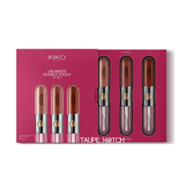 Lipstick set with three KIKO Unlimited Double Touch tubes in taupe-brown shades