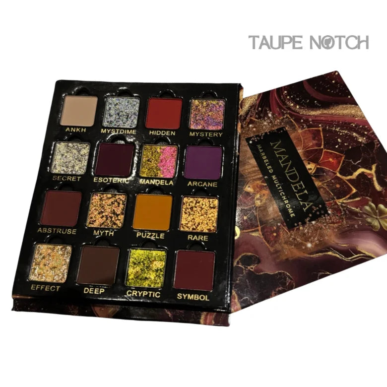 Magnetic eyeshadow palette with black case and 16 square multi-chrome shades
