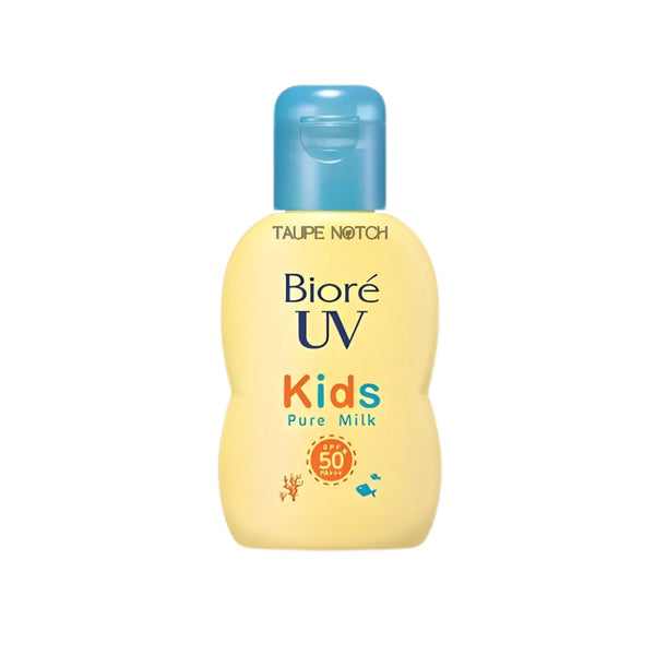 Biore UV Kids Pure Milk sunscreen bottle, yellow lotion with blue cap, SPF50+ PA+++