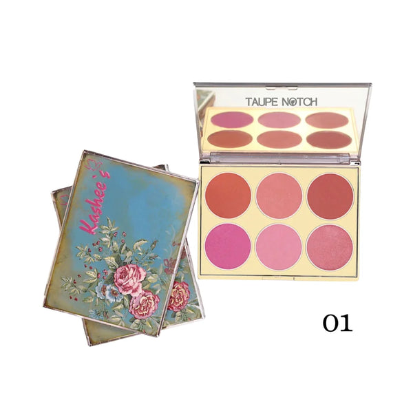 Blush palette with six pressed powder pans in pink, coral, and rose shades