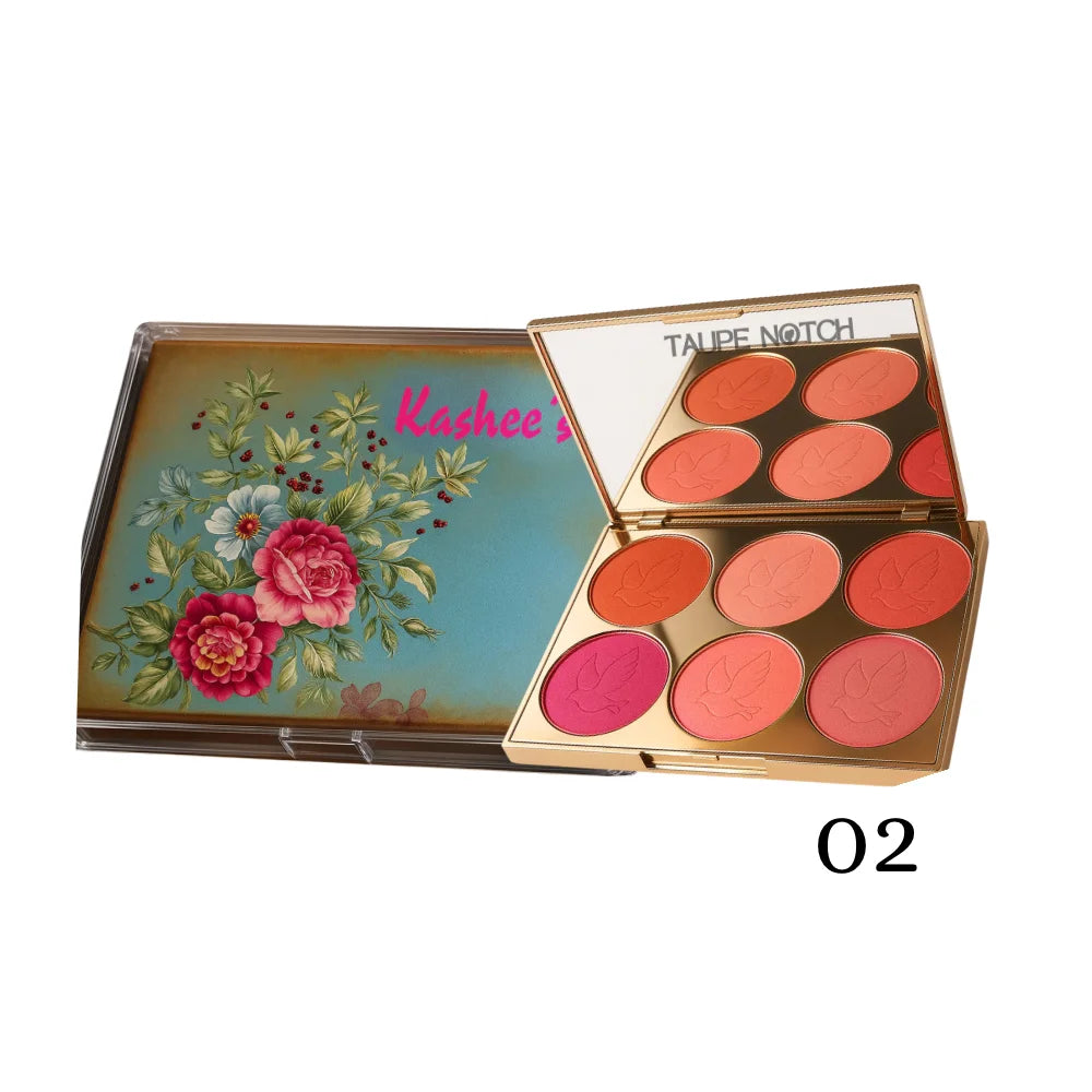 Blush palette with six pressed powder pans in terracotta, coral, and magenta tones
