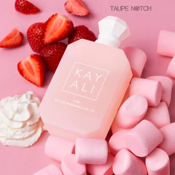 Pink KAYALI perfume bottle with white cap, KAY ALI square label, TAUPE NOTCH