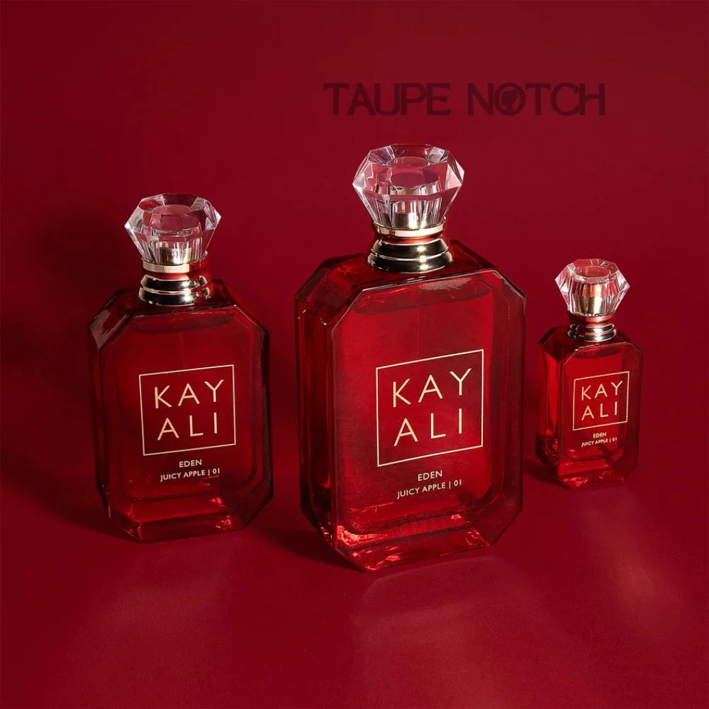 Taupe Notch Kay Ali Eden Juicy Apple EDP set, three red glass bottles with crystal caps