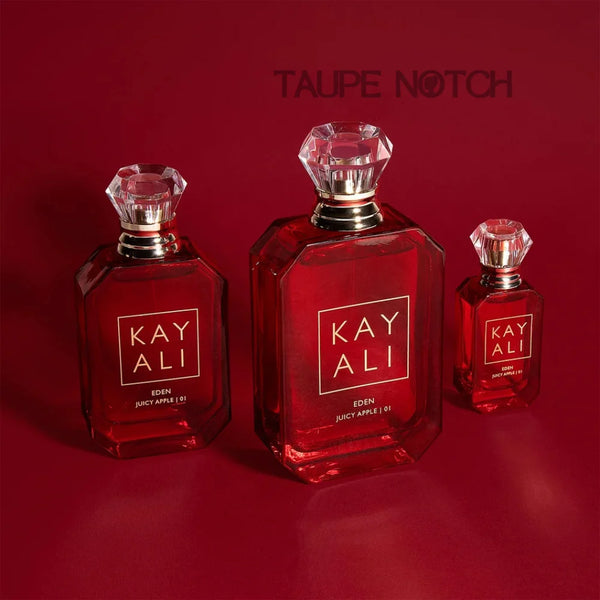 Taupe Notch Kay Ali Eden Juicy Apple EDP set, three red glass bottles with crystal caps