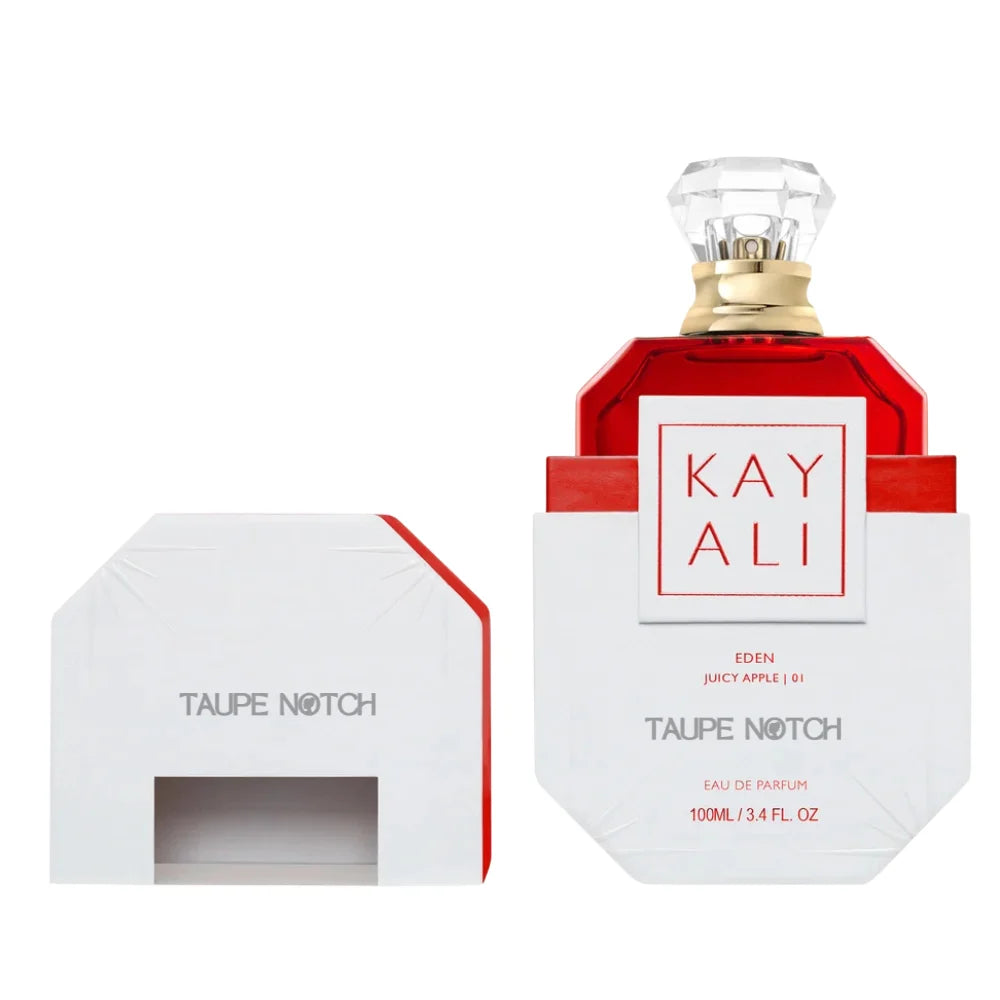 Taupe Notch Kay Ali Eden Juicy Apple EDP gift box, red bottle with crystal cap