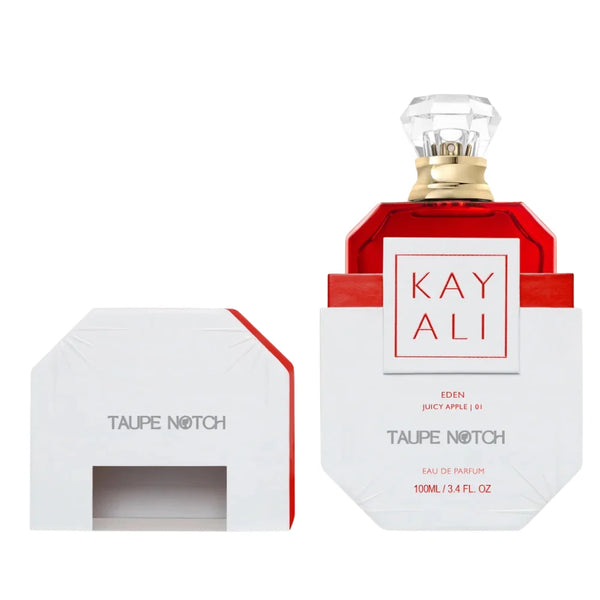 Taupe Notch Kay Ali Eden Juicy Apple EDP gift box, red bottle with crystal cap