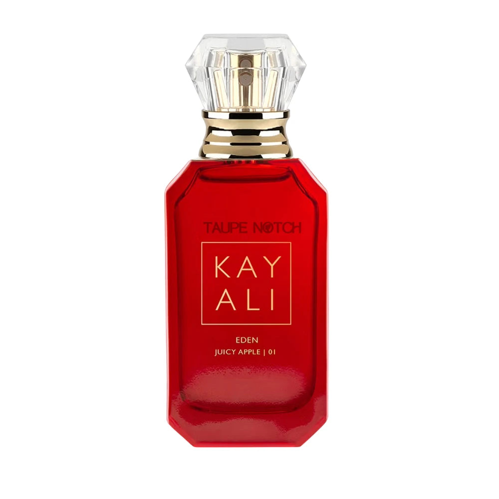 Taupe Notch Kay Ali Eden Juicy Apple EDP bottle, red-tinted glass with gold collar cap