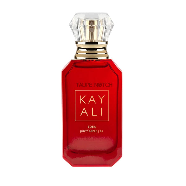 Taupe Notch Kay Ali Eden Juicy Apple EDP bottle, red-tinted glass with gold collar cap
