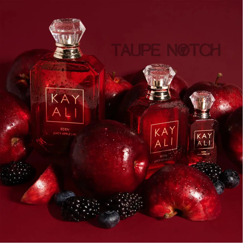 Taupe Notch Kay Ali Eden Juicy Apple EDP bottles, red glass with crystal caps