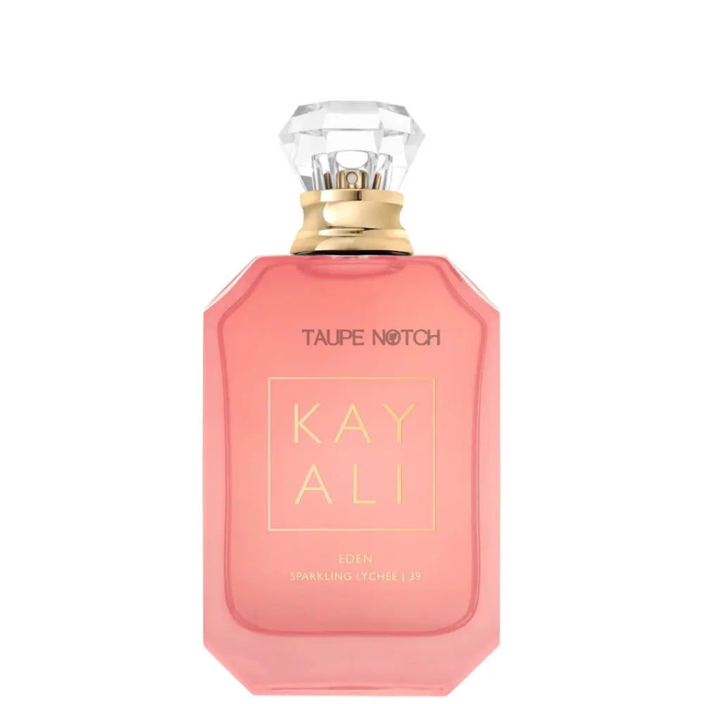 Kayali Eden Sparkling Lychee eau de parfum bottle, pink glass with gold cap