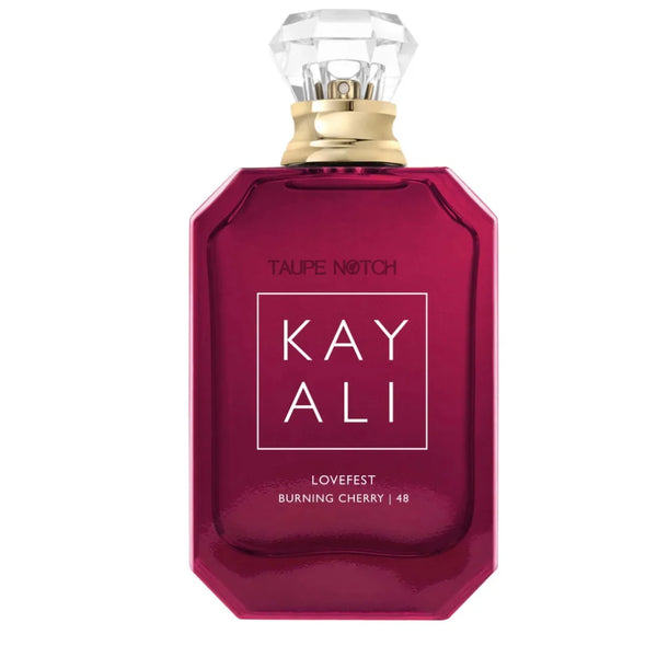 Kayali Lovefest Burning Cherry eau de parfum bottle, dark maroon glass with gold cap