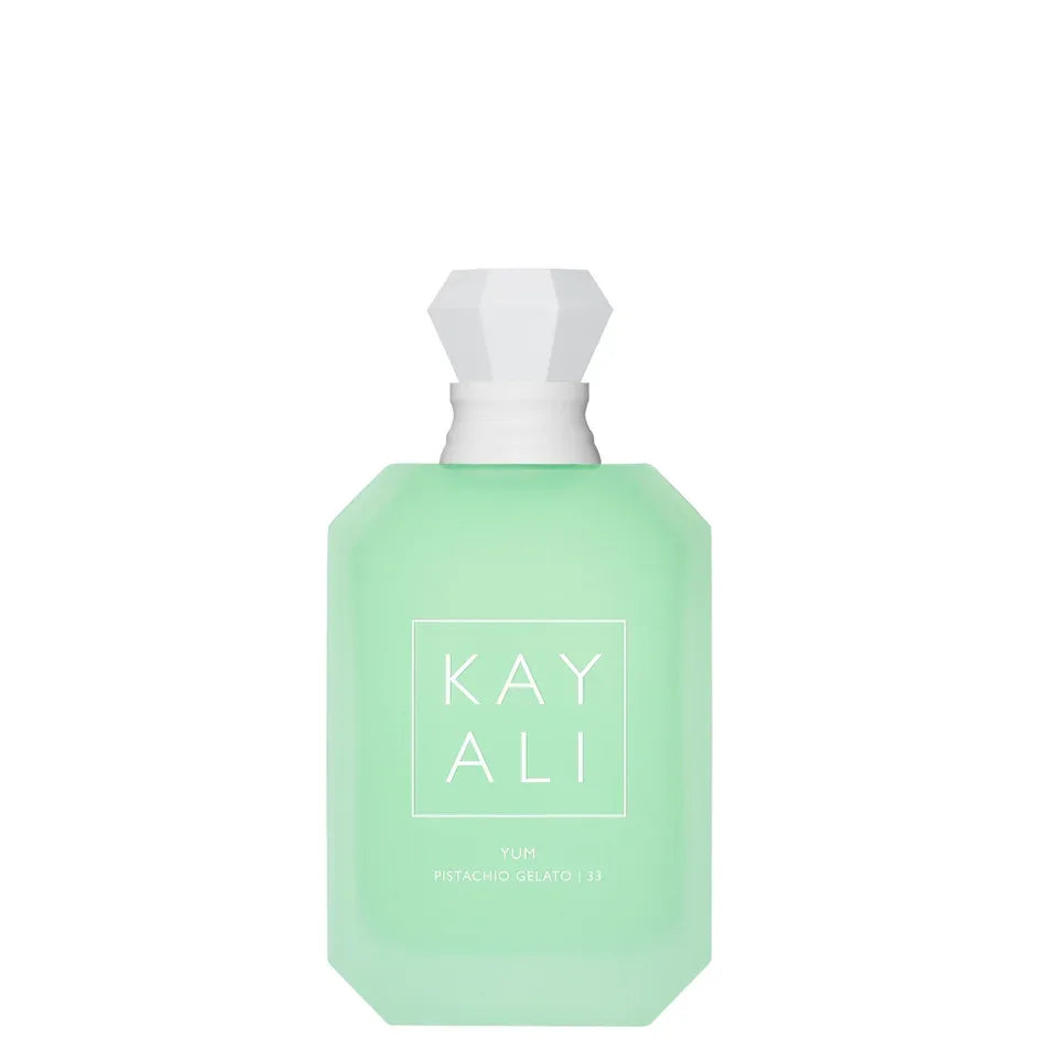 Mint green eau de parfum bottle with white cap, back label Kay Ali Yum Pistachio Gelato 33