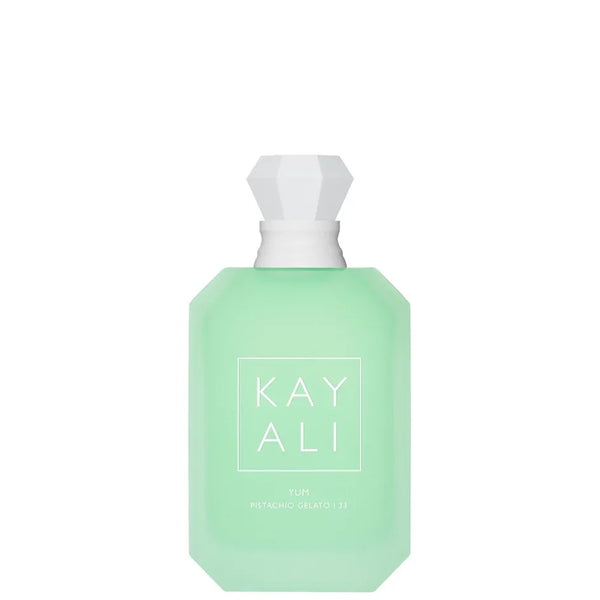 Mint green eau de parfum bottle with white cap, back label Kay Ali Yum Pistachio Gelato 33