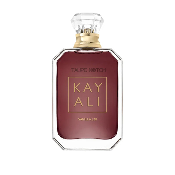 Kayali Vanilla 28 eau de parfum bottle with gold collar and dark maroon glass
