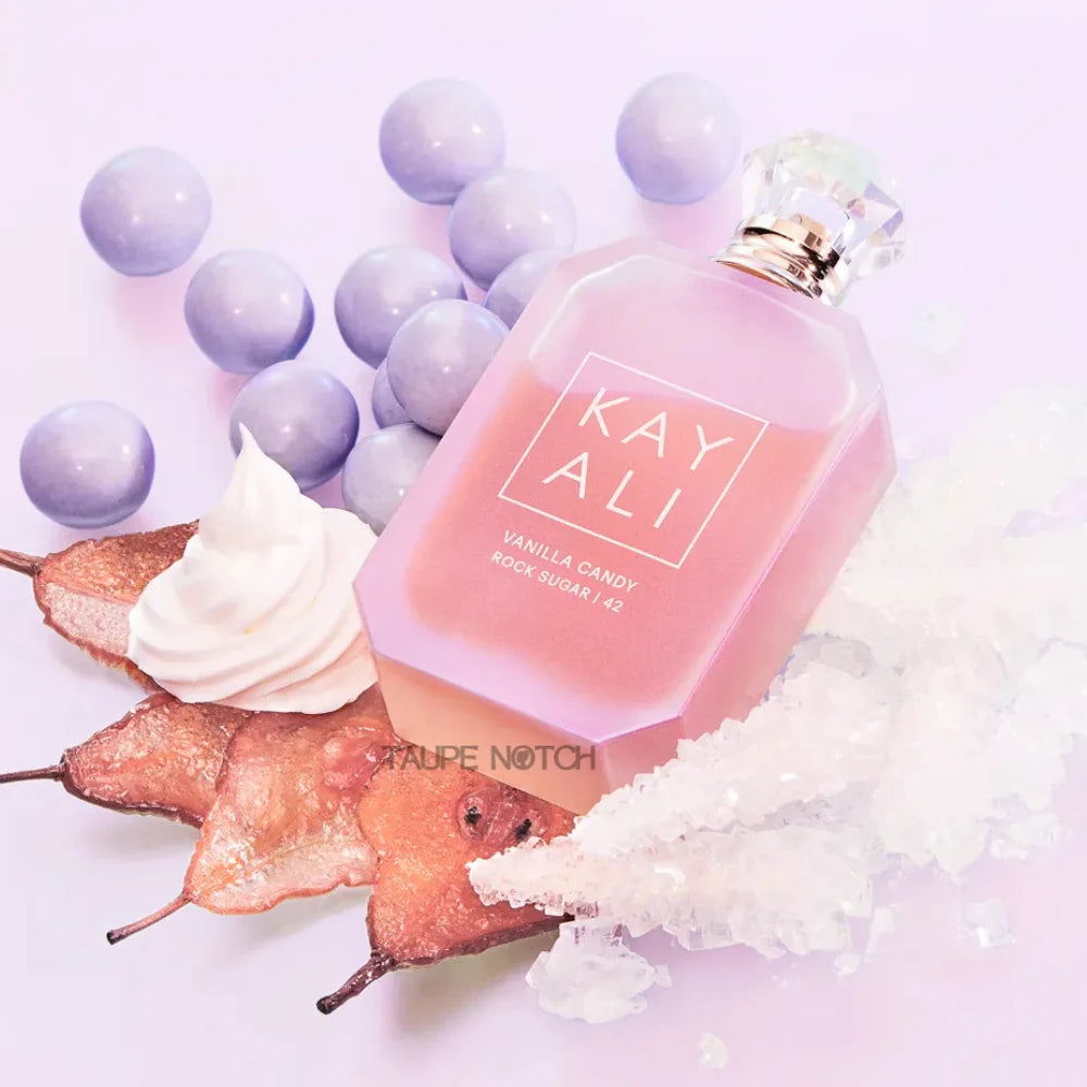 Eau de parfum bottle with KAY ALI vanilla candy rock sugar label, gold cap